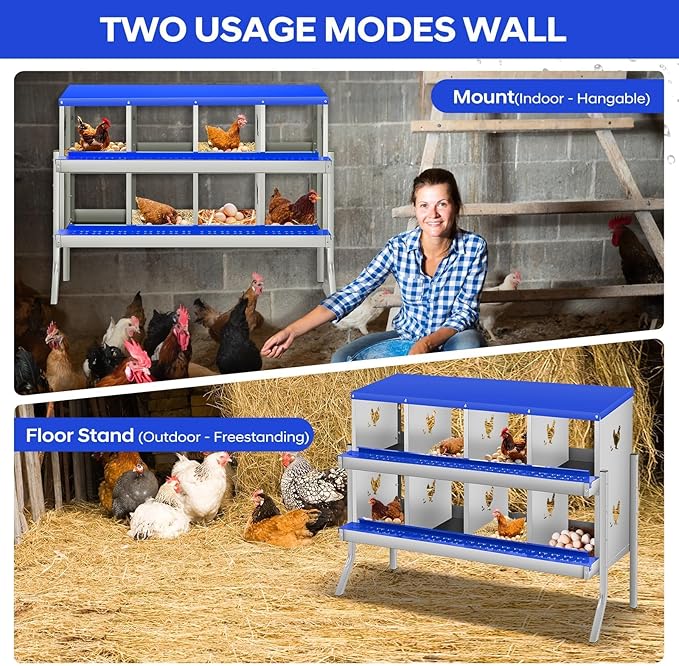 Durable Blue Finish - Metal Chicken Nesting Box for Small Animals - 8 Compartments, Galvanized Steel, Wall-Mounted Egg Laying Box, Easy Egg Collection & Cleaning, Roll Away Poultry Nest - Blue,