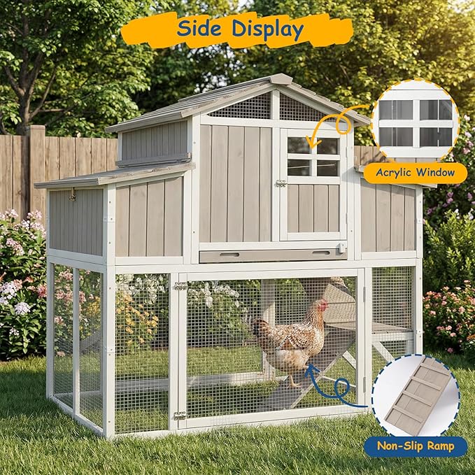 Outdoor Wooden Chicken Coop for 2–4 Chickens, 2-Tier Design Elevated Hen House with Dual Nesting Boxes, Slide-Out Tray, Reinforced Frame, Expandable Run, Expandable Run Connection, Grey