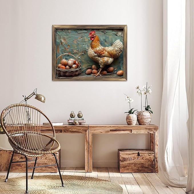 Rustic Long Wooden Framed Art Rustic Hen Eggs Basket Texture Farmhouse Style Wall Decor Sign for Tabletop Or Hanging - Durable Handcrafted Wood Print - Home & Office Decoration