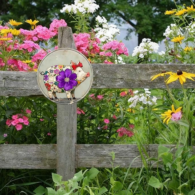 Pig Round Metal Tin Sign Wreath Farm Flowers Rustic Vintage Wall Art Decor for Porch Yard Farmhouse Outdoor Decor 8x8inch