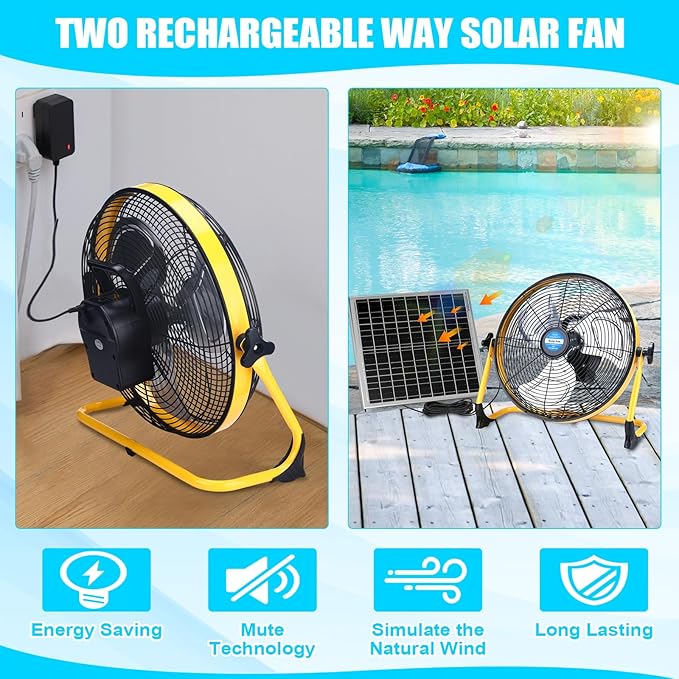 Sumind 14 Inch Solar Powered Fan 15000mah 20w Portable Ventilador Rechargeable Camping Fan Battery Powered with Panel and Light for Outside, Home, Travel, Chicken Coop, Shed, Greenhouse