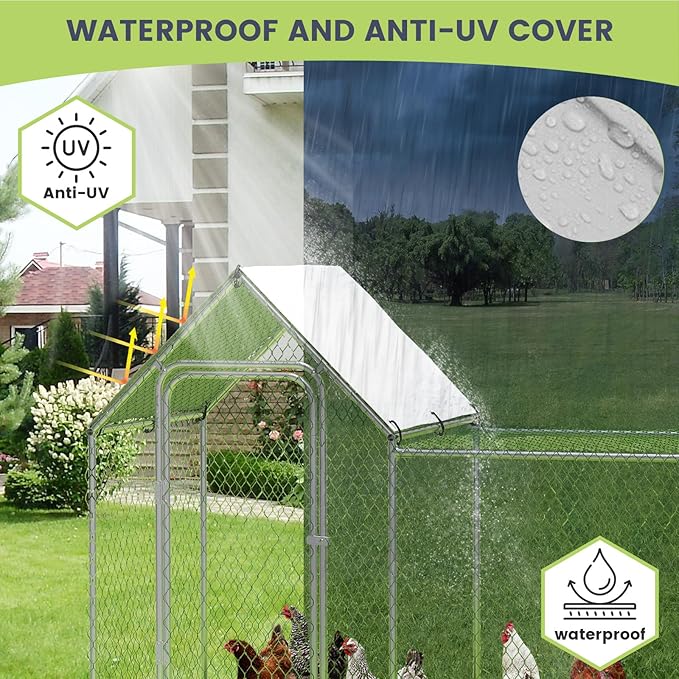 Chicken Coop, Large Metal Chicken Run, Outdoor Chicken Pen with Waterproof and Anti-UV Cover, Walk-in Chicken House with Lockable Door, for Yard, Farm Use, 10' W x 3.3' D x 5' H