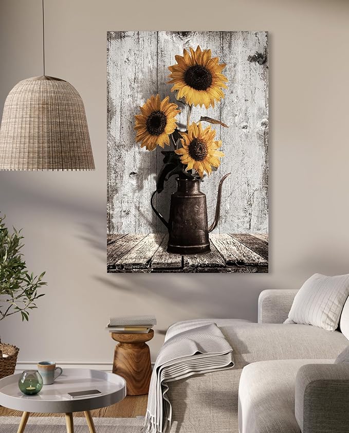 Sunflower Paintings Farmhouse Wall Art: Yellow Sunflowers Canvas Wall Art for Kitchen,Large Floral Pictures Vintage Art Prints Rustic Country Wall Hanging Decor for Bedroom Bathroom 24x36 Inches