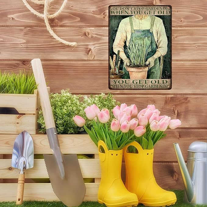 ARTWALLURE Vintage Gardening Tin Sign Metal Wall Decor Rustic Farmhouse Theme You Get Old When Stop Gardening Saying 12x16inch