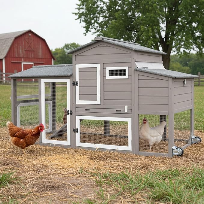 Chicken Coop for 2-3 Chickens, with Large Nesting Box, No-Slip Ramp & Pull-Out Tray, Wooden Poultry Bunny Hutch for Outdoor Indoor