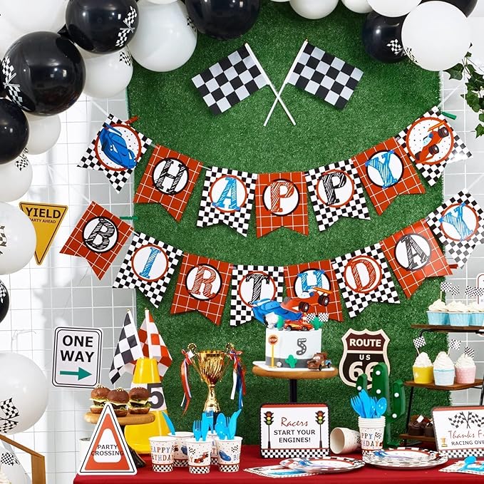 WERNNSAI Race Car Birthday Party Decorations - 10PCS Funny Car Party Signs Decorations for Boys Kids Racing Birthday Supplies Racing Cars Route 66 Sign for Birthday Anniversary Home Yard Wall Decor