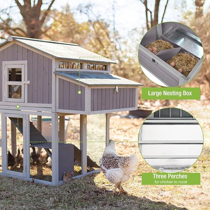 GUTINNEEN Large Chicken Coop for 6-8 Chickens Outdoor Chicken House with Two Nesting Box Folding Design Leakproof Pull-on Tray