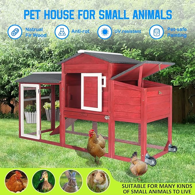 PetsCosset Chicken Coop Backyard Chicken House - Wooden Tractor Poultry House for Outdoor, with Chicken Nesting Box, Wheels, Waterproof Roof, Pull Out Tray