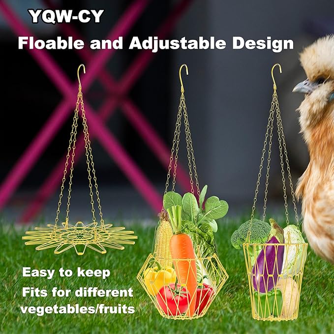 Hanging Chicken Feeder, Foldable Chicken Vegetable Feeder, Golden Poultry Fruits Feeding Holder Basket with Hanging Chain, Veggie Treat Ball Toys Cage for Chicken Hen Coop Accessories