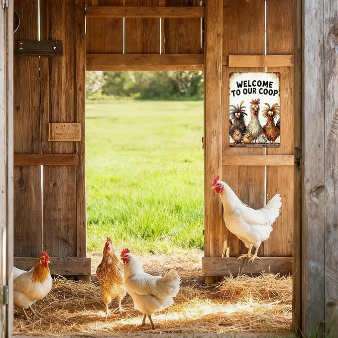 Funny Chicken Metal Decor Sign Vintage Metal Tin Sign Wall Art Decor Welcome To Our Coop Chicken Coop Signs for Outdoor Decorations Gifts for Women and Hen Lovers 8 X 12 Inch