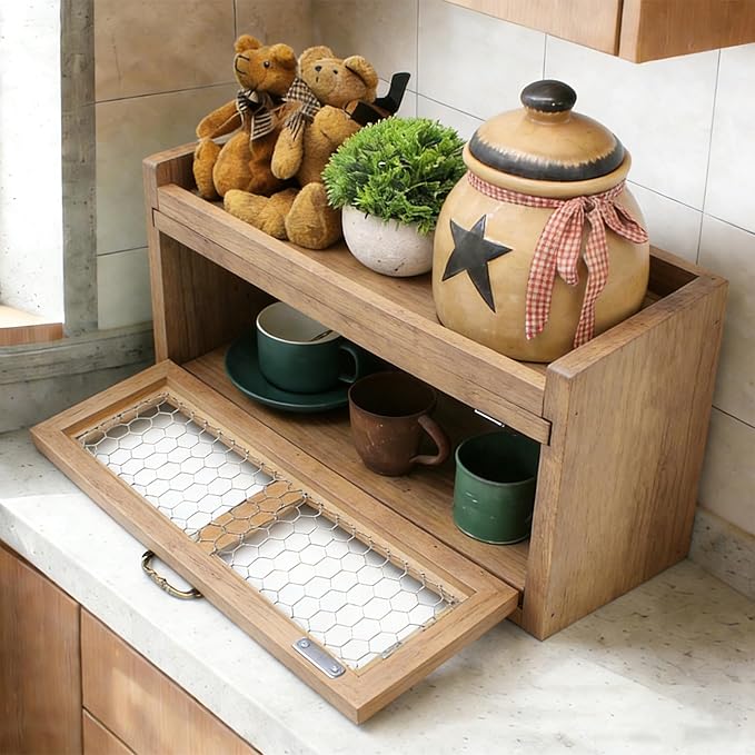 Farmhouse Countertop Storage Organizer, Rustic Wood Kitchen Cabinet with Chicken Wire, Kitchen Pantry Display Shelf, Country Vintage Style. Distress Brown