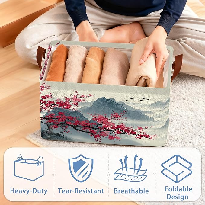 Cherry Blossom Collapsible Storage Box,Moutain Japan Organizer Bin with Handles for Room Decoration,Bins Book Basket Box 17x11.5x10Inch