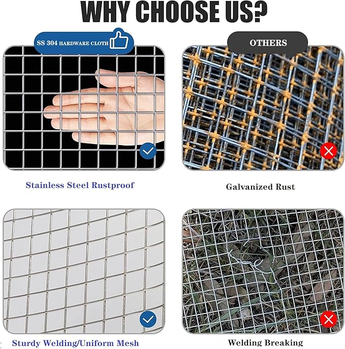 Stainless Steel Hardware Cloth Size:19Gauge 1inch 16inchx8Feet 304 Stainless Steel Welded Wire Mesh Supports Poultry Netting Cage Fence,Keep The Animals Out, Protecting New Plants