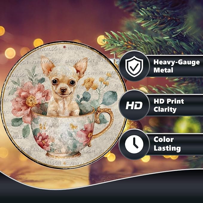 Vintage Chihuahua Round Metal Sign Retro Tea And Flower Tin Sign Nostalgic Dog Lovers Wall Decor Decorations for Home Bedroom Living Room Cafe Bar Garden Plaque Yard 12 * 12 In