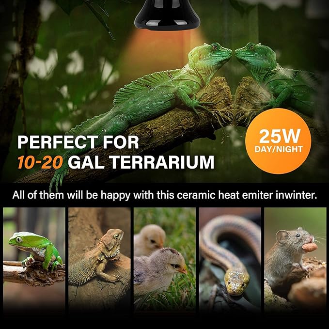 Simple Deluxe 25W (Mini) Ceramic Heat Emitter Reptile Heat Lamp Bulb No Light Emitting Brooder Coop Heater for Amphibian Pet & Incubating Chicken, Black, 1-Pack