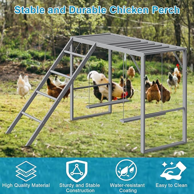Chicken Perch with Swing Set, Roosting Bars for Chickens in Coop for Pet Chickens' Health and Happiness, Metal Chicken Toys Accessories for Backyard Farms, Light Gray