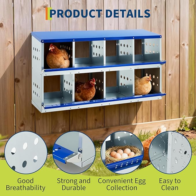 Heavy Duty Galvanized Steel Chicken Nesting Box – 8 Compartments, Wall Mounted/Floor, Ventilated, Resting Platform, Easy Clean, Rollaway Egg Collection, Blue, 128×48×71cm, Without Cover