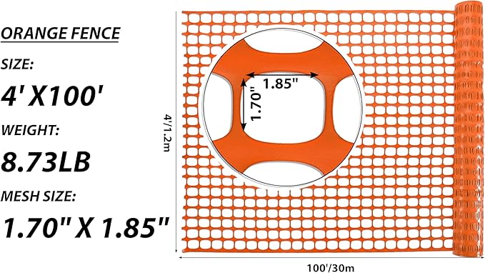 PotatoLife Plastic Mesh Fence Safety Fence, 4'x100' Roll with 100 Zip Ties, Resuable Temporary Netting for Garden Fencing, Construction, Snow Fencing, Animal Barrier, Poultry, Deer, Patio, Orange