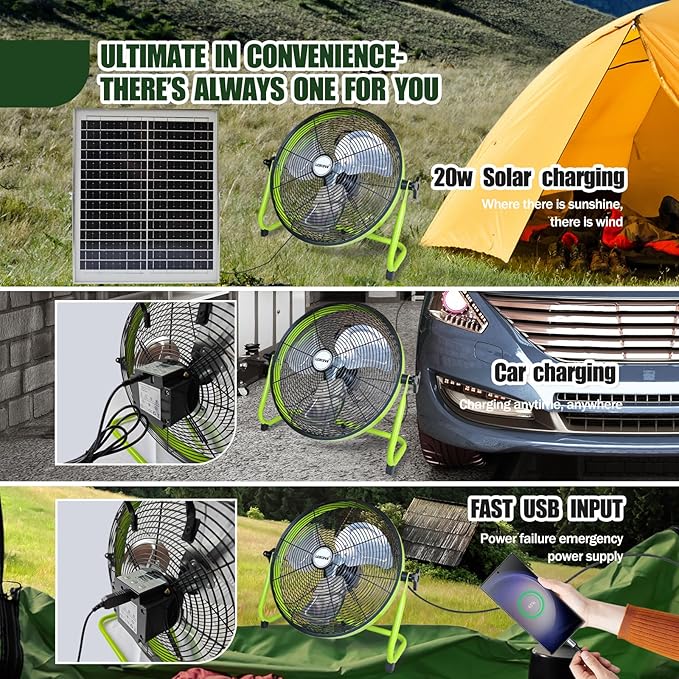 14Inch Outdoor Fan, Battery Operated Fan Can Running 3.5-24 Hours, Solar Fans For Home,Outside,Shed,Patio,Greenhouse, with USB Output For Phone