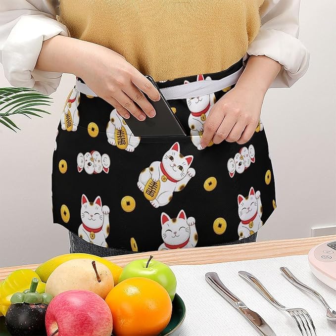 Unisex Apron for Cooking Server Waitress Half Waist Apron with 3 Pockets
