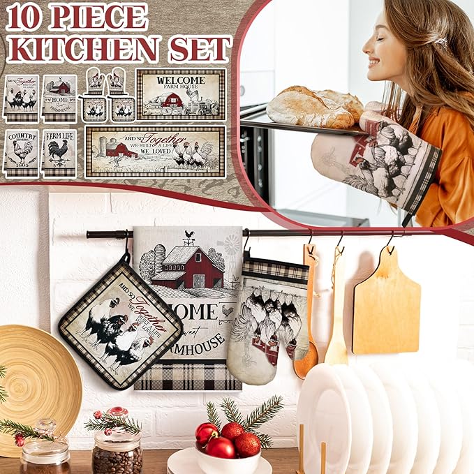 10 Pcs Barn Chicken Kitchen Dish Towels Rugs Oven Mitts and Pot Holders Set Farmhouse Kitchen Decor Set for Women Mom Daughter Gift Cooking Baking Grilling (Retro Color)