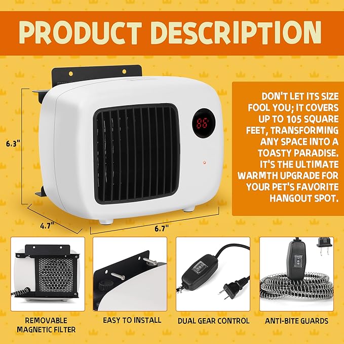 Pet House Heater with Thermostat, 300W/600W Heater for Dog Houses & Chicken Coops, PTC Heating, Overheat Protection, 6FT Anti-Chew Cord, Indoor & Outdoor Use, Up to 105 Sq Ft