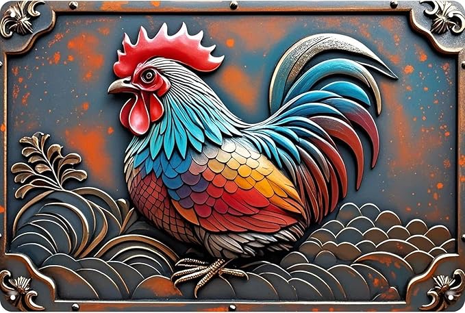 Chicken Retro Tin Sign Vintage Metal Post 2D Flat with 3D Visual Effect Wall Art Chicken Decor for Coops Farms Yard Home Bar Cafe Garage or Office - Thoughtful Chicken Gift Idea