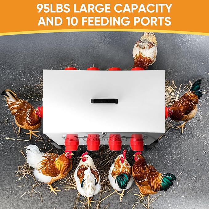 95 lb Chicken Feeder with 10 No-Waste Ports – Extra-Large Galvanized Metal Poultry Feeder with Adjustable Height Heavy-Duty Stand – Outdoor Feed Box for Chickens, Ducks & Geese