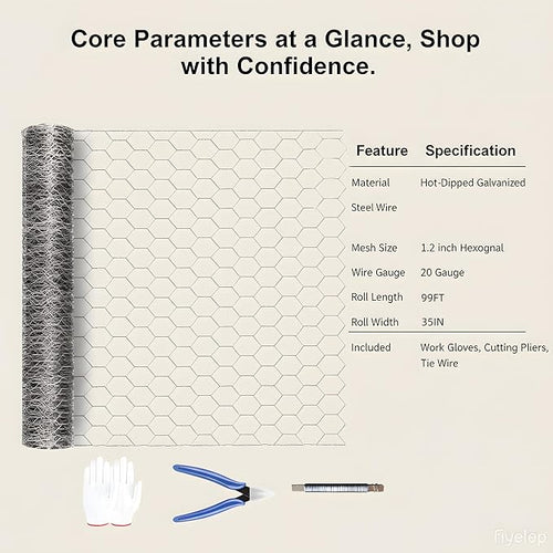 (35 inches x 99 feet) No. 20 Hexagonal Galvanized Metal Mesh, Chicken Wire Fence, Poultry Protective Netting, Cut-to-Size, Weather-Resistant, Includes Gloves, Pliers, and Wire