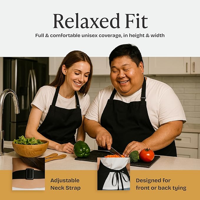 Will Well Chef Apron for Men and Women - 33" x 27" Large with 38" Waist Ties for a Comfy and Snug Fit, Durable and Lightweight, with 2 Spacious Pockets for Your Cooking Essentials - 2-Pack, Black