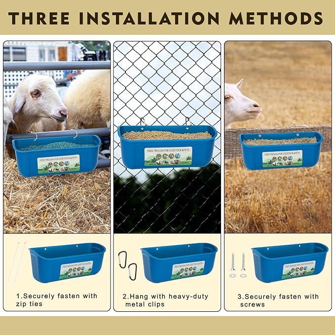 10 Pack Fence Feed Feeder 4.5 Quart Hanging Chicken Feeder Trough with Brush & Scoop Blue Goat Hanging Fence Feeders Feeder with Hooks Screws & Zip Tie for Livestock Feeding Container Goats Supplies