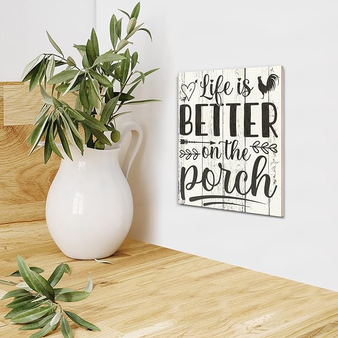 JennyGems Life is Better on the Porch Wooden Sign, Farm Life Decor and Wall Hanging, Whitewash Color, Made in USA