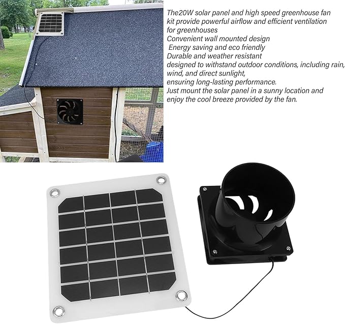 20W Solar Powered Exhaust Fan Kit, Portable 6 Inch Solar Fan with Protective Net for Pet Chicken House Ventilation