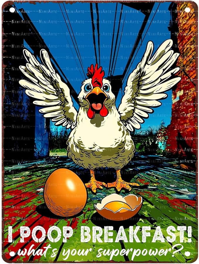 Funny Chicken Decorations for Kitchen Chicken Tin Sign Chicken Gifts 12X16InchI Poop Breakfast Whats Your Superpower 12X16Inch