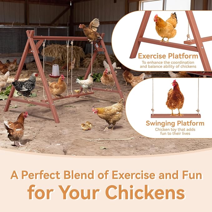 PETSFIT Wooden Solid Chicken Perch & Roosting Bars with 2 Swings, 50"x30"x34" Coop Toy for 6–8 Hens, Multi-Level Stand Encourages Exercise & Natural Behavior, Easy to Assemble & Clean,Outdoor Use