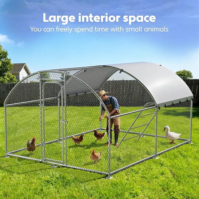 Large Metal Chicken Coop with Roosting Perch, Waterproof and UV-Resistant Cover,Outdoor Walk-in Cage Hen House for Yard Farm Rabbit Duck Chicken Run Dome Roof (10’ W x 13.2’ L x 6.4’ H)