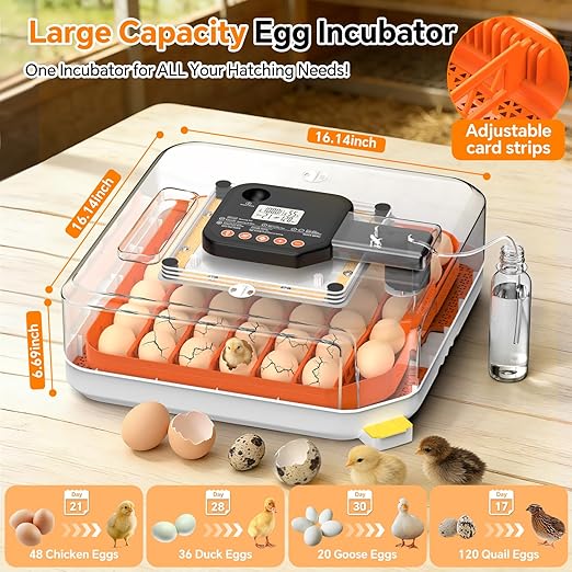 48 Egg Incubator for Hatching Eggs, Chicken Incubator with Auto Turner, Digital Temp & Humidity Control, Built-in Egg Candler & External Water Refill - for Hatching Chicks, Ducks, Quail, Goose Eggs