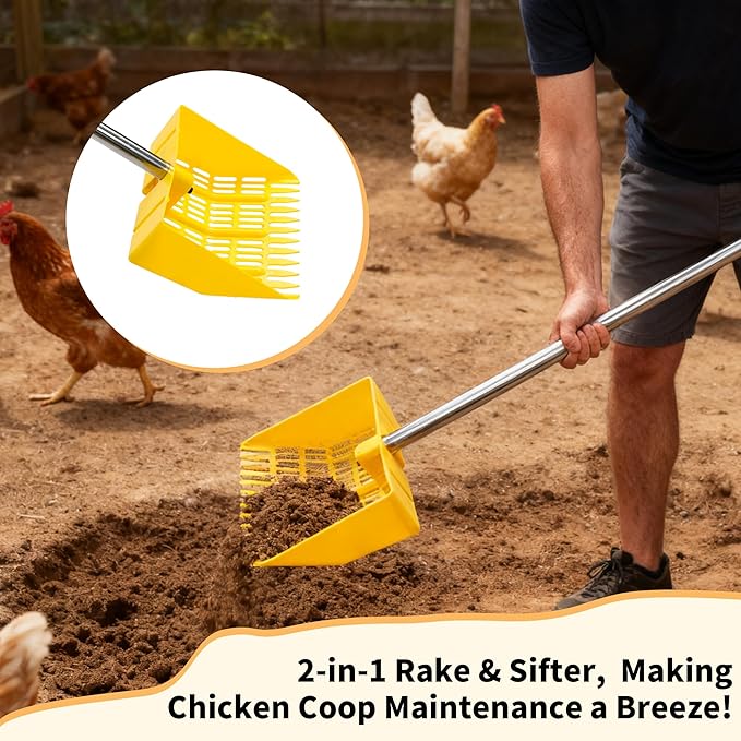 2-in-1 Chicken Poop Scooper & Rake – Adjustable Stainless Steel Handle, Lightweight Plastic Coop Scoop for Cleaning Chicken Coops, Sand, Litter – Chicken Coop Accessories for Backyard Farms