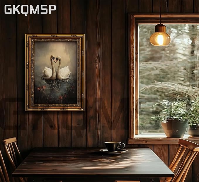 Vintage Gold Framed Wall Art Vintage Swan Canvas Wall Decor Retro Moody Swan Oil Painting Prints Farmhouse Antique Animal Picture Poster Artwork for Home decor Living Room Bedroom Hallway 9x11in
