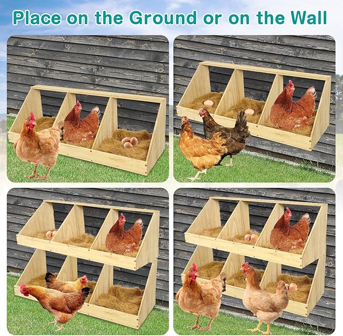 Chicken Nesting Boxes, 6 Compartment Wooden Chicken Laying Boxes, Nesting Boxes for Chickens, Hens, Ducks, Poultry Nest Box for Laying Eggs, Includes 6 Fake Eggs