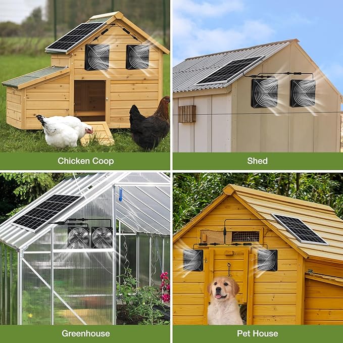 5.5" Waterproofed Solar Powered 2 Fan Kits for Outdoor Chicken Coop, Greenhouse, Shed, Pet House Intake or Exhaust Air Circulation