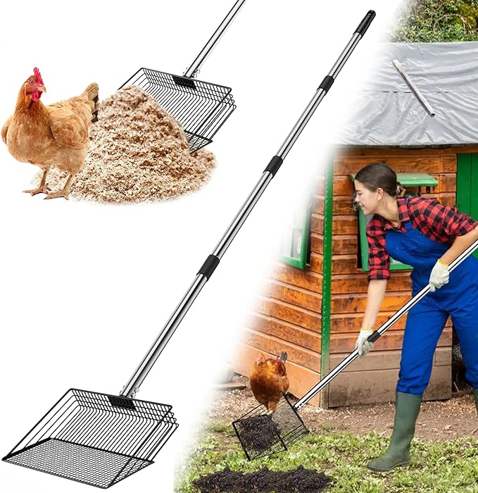 Chicken Poop Scooper,10-inch 37 to 63" Long Chicken Coop Scoop with Stainless Steel Handle, Chicken Coop Cleaning Rake for Poop Sand, Large Hen Litter Sifter Shovel