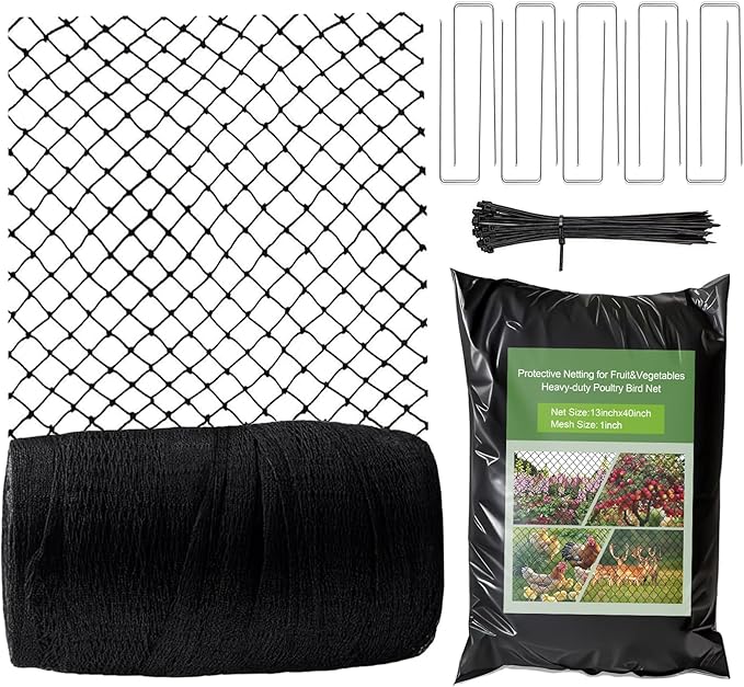Garden Bird Net, 13 X 40 Feet Heavy-Duty Poultry Bird Net, with 50 Straps and 10 Staples, Used for Fruit Trees, Plants, Vegetables, and Garden Nets Against Birds and Deer