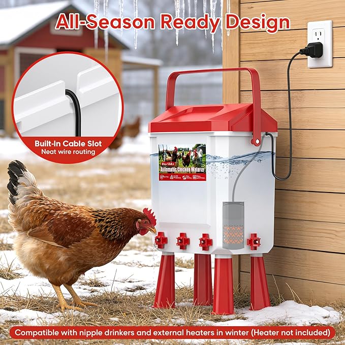 Automatic Chicken Waterer, 10L Poultry Watering System with Visible Water Level Window, Auto Refill Hose and Float Valve, Chicken Water Feeder with Cups or Nipples for Backyard Chickens