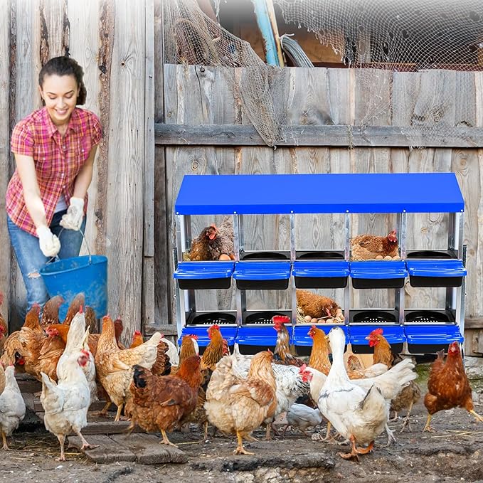 GarveeLife Chicken Nesting Box, 10 Compartments Nesting Boxes for Chickens, Chicken Laying Boxes with Legs, Roll Away Nesting Box for Chickens Laying Egg with Lid Cover to Protect Eggs, Blue
