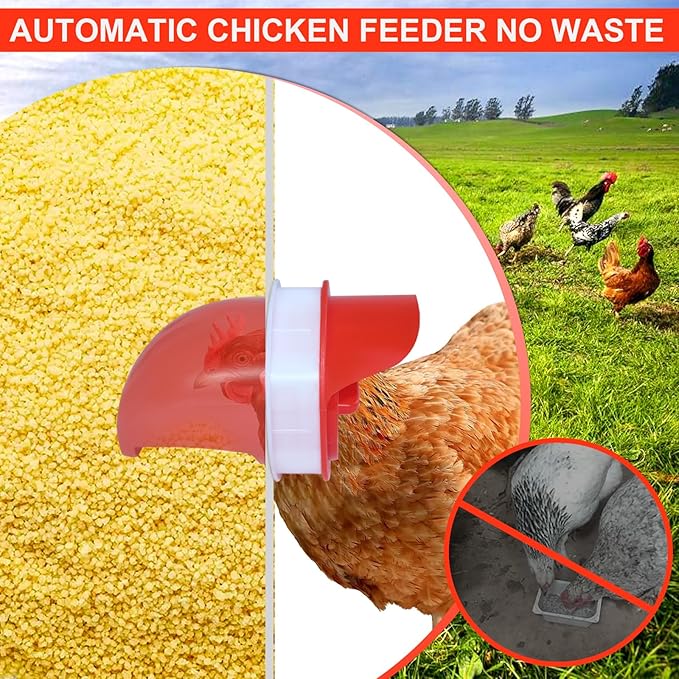 RYFT 85-120Lbs Chicken Feeder No Waste, 10-Port Automatic Large Galvanized Metal Fed Chicken with Latch & Handle for Chickens, Pheasants, Bantams Poultry Coop Weatherproof Chicken Feeder