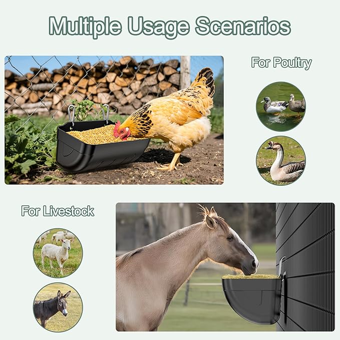 Goat Feeders Hanging, Chicken Waterer Feeder Trough for Poultry Livestock (6 * 3.5 Quart Black)