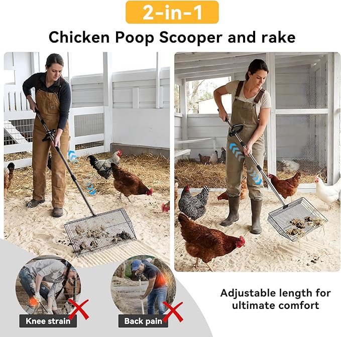 AiQInu Chicken Poop Scooper & Rake 2-in-1, Adjustable Stainless Steel 15 in Chicken Coop Scoop for Poop with 24 to 90" Long Handle, Sifting Shovel for Chicken Coop/Goat Stall/Stable Cleaning