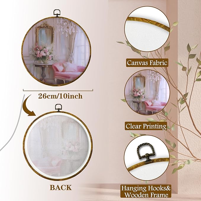 shiviody French Girls Room Canvas Wall Art Decor, Coquette Preppy Trendy Wall Art Decor, Rococo Style Girly Round Hanging Frame Prints Decorations for Girls Room Dorm Bedroom 10"x10"