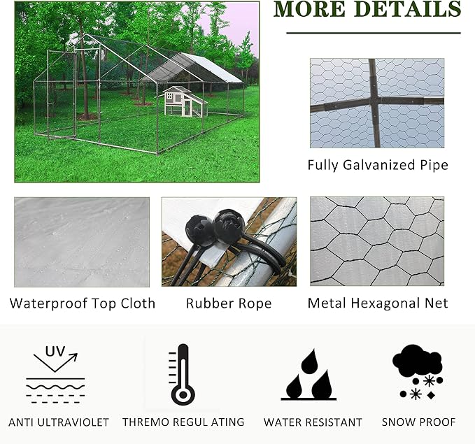 IchbinGo Large Metal Chicken Coop with Waterproof Cover, Walk-in Metal Poultry Cage Spire Shaped Chicken Coop Run, Chicken Run with Anti-UV Cover for Outdoor Backyard Farm (10' L x 20' W x 6.56' H)